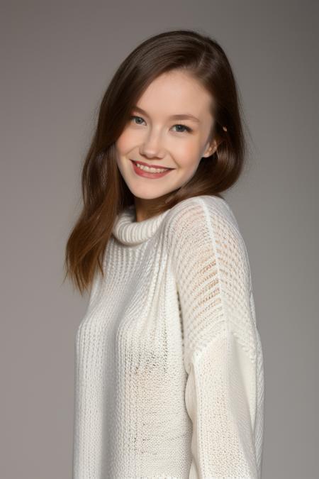 (8k, masterpiece, best quality, solo, sfw), subtle smile,((wo_ebloom01)), portrait, (white thick knit sweater), looking at camera, simple dark background