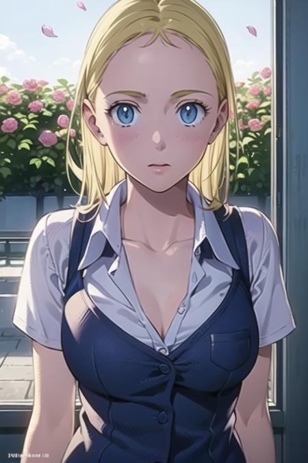 (full body), blonde hair, blue eyes, (school uniform:1.5), ultra realistic details, (8k, RAW photo, best quality, masterpiece:1.2), (finely detailed beautiful eyes: 1.2), ((1girl)), ((solo)), large breasts, (finely detailed eyes and detailed face:1.3), (beautiful and clear background:1.2), (extremely detailed CG, ultra-detailed, best shadow:1.1), ((depth of field)), (watercolor), , bare shoulders, flowers and petals, beautiful concept illustration, (white background:0.5), (illustration:1.1), (extremely fine and beautiful:1.1), (perfect details:1.1),  <lora:ushio_V1:0.65>