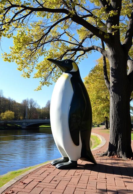 masterpiece, best quality, high quality, 
(statue of a big penguin:1.2), scenery, outdoors, (zahahadid:1.4), tree, day, blue sky, park,river,