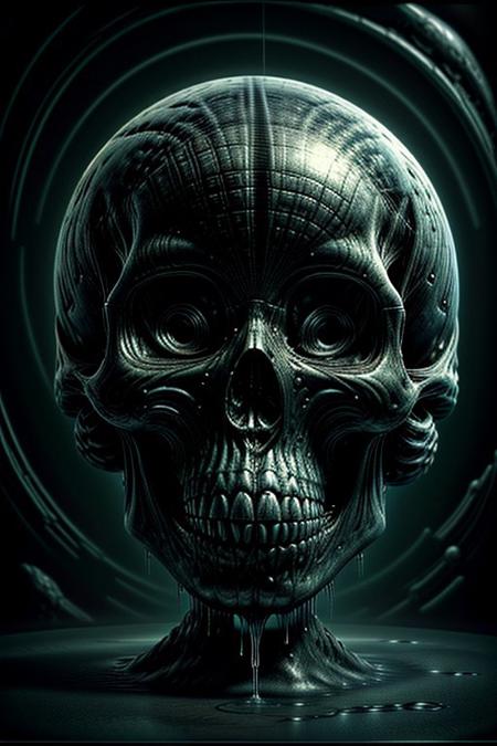A close-up photorealistic image of a crystallic floating skull facing unique view with its mouth open, pouring from it's mouth a shimmering liquid resembling the universe onto the ground, filled with rich stars and swirling galaxies. A simple void background enhances the dark atmosphere, shrouded in fog, capturing the hypnotic flow and shimmer of the cosmic liquid,