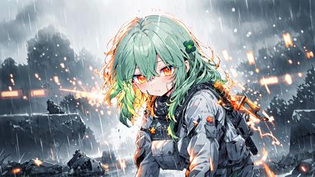 rain,<lora:BattlefieldStyle-000016:0.8>,bfstyle,glowing eyes,holding weapon,(sparks:1.1),1girl,cute,kawaii,(green hair:1.1),orange eyes,clover hair ornament,(long hair:1.1),(disheveled hair:1.1),(messy hair:1.1),(battlefield:1.1),frown,shaded_face,glaring,kubrick_stare,