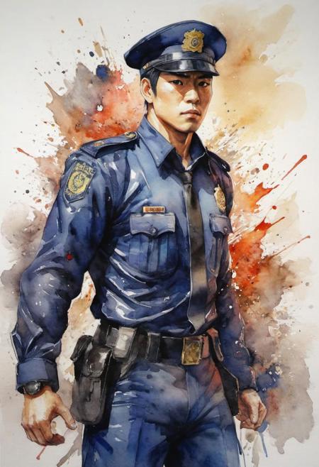 by Shotaro Ishinomori,  policeman, (shiny, artstyle-watercolor but extremely beautiful:1.4), (intricate details, masterpiece, best quality:1.4) , in the style of nicola samori, 
street fighter style 2D art, Vibrant, dynamic, arcade, 2D fighting game, highly detailed, reminiscent of Street Fighter series,, looking at viewer