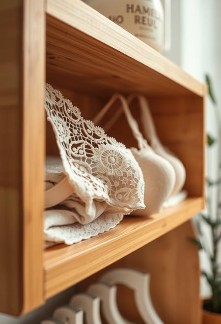 A close-up shot of an open shelf displaying delicate, feminine lace lingerie. The shelf is made of polished wood, and the lingerie is neatly folded, with intricate lace patterns visible in fine detail. Soft, natural lighting highlights the textures and craftsmanship of the fabric, creating a warm and intimate atmosphere. The focus is on the lingerie, with the background slightly blurred to draw attention to the elegant, intricate design of the lace.