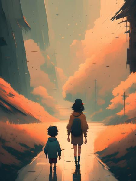 <lora:AteyGhailan:1>long road walk to the rainy day, by Atey Ghailan, Alena Aenami and Jon Klassen