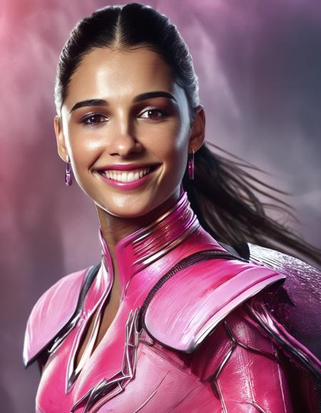 <lora:nmsctt-000008:1> raw portrait photo of nmsctt woman, as the Pink Power Ranger, smiling,  cinematic lighting