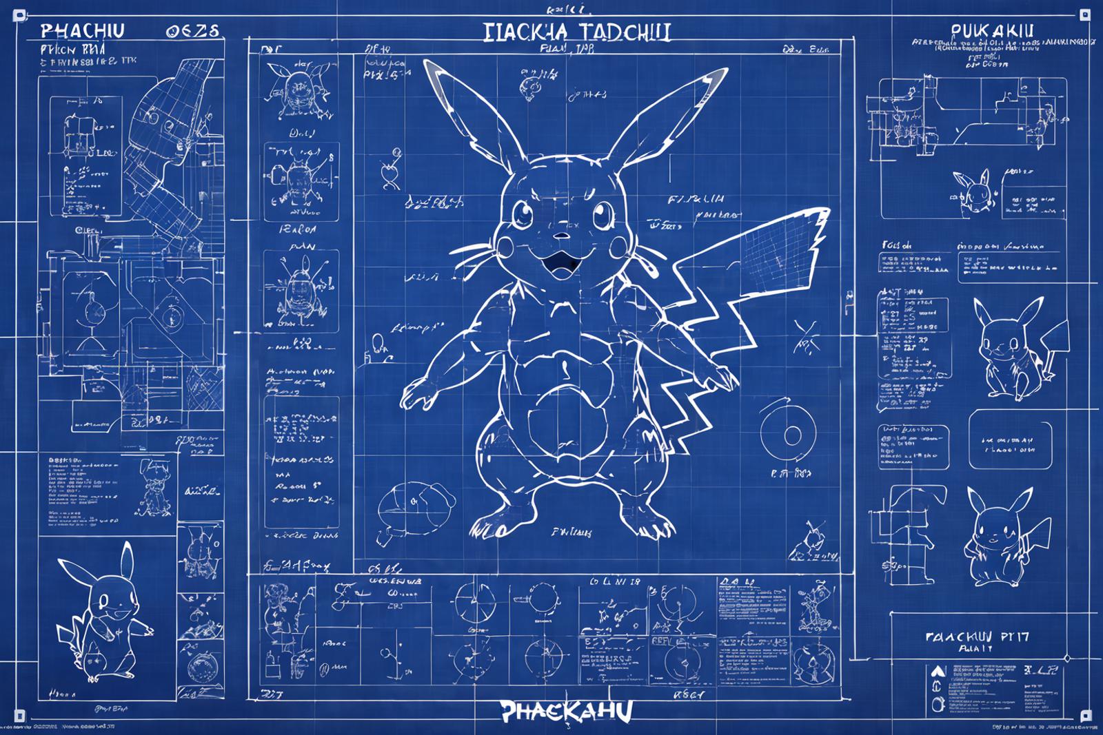 A blueprint of a Pokemon character, specifically Pikachu, with detailed drawings.