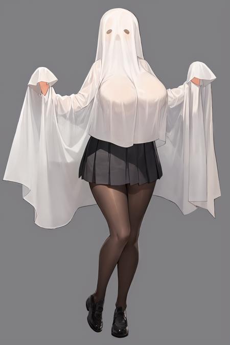 (ghost_costume:1.4),pleated skirt,pantyhose,solo,large breasts,see-through,full body,(white background:1.2) <lora:ghost_costume:1>