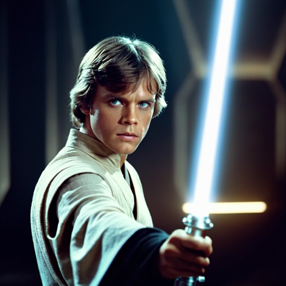 cinematic film still of  <lora:Luke Skywalker:1.2>
Luke Skywalker a young man holding a light saber in a room in star wars...
