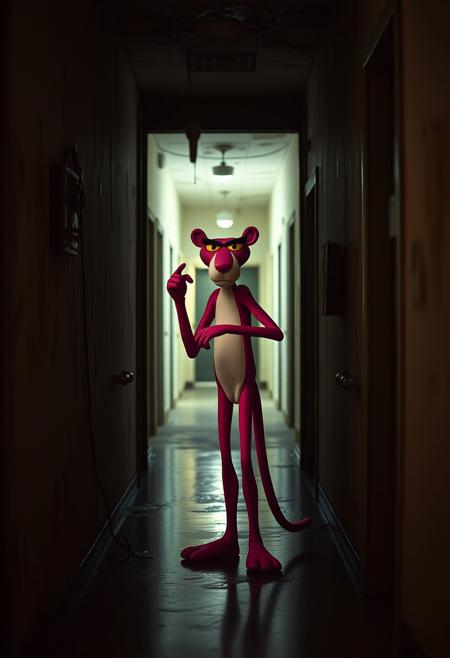 score_9, score_8_up, score_7_up, score_6_up, depth of field, highly detailed, BREAK Pink Panther, skinny, bubble butt, eyebrows raized
BREAK in a long hallway stands the Pink Panther, Pink Panther twerking in a doorway, menacingly, Pink Panther is twerking towards the viewer, the building is dilapidated with water damage, water is dripping from the ceiling and running down the walls, it is dark, low lighting, mold is growing on the walls, this building has been abandoned and condemned,
 night,  doorway,,low key,dramatic lighting, film grain,