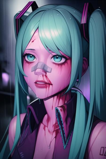 hatsune miku, night, neon lighting, detailed background  detailed hair, detailed rain, detailed lighting, detailed urple light effect, <lora:yllicft-10:1>  yllicft, solo, rain, injury, blood on face, bandaid on face, bandaid on nose, looking up, upper body, extremely detailed, amazing shading, dark, amazing details, detailed background,, detailed shading, detailed ambient light, detailed background, masterpiece,