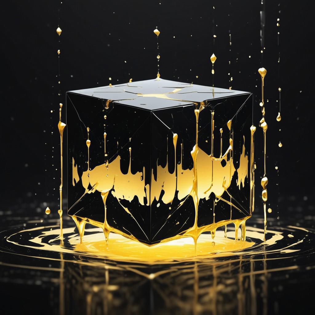 abstractzyrnox, abstract, abstract art, illustration, anime, black and gold, ((black cube, cube), simple background, dark background), melting, dripping