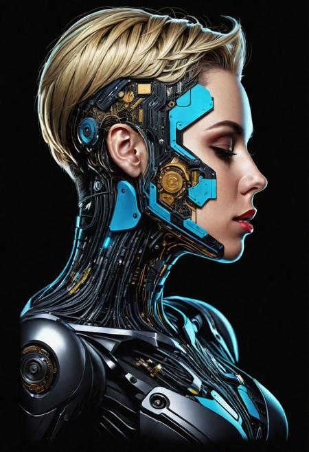 ( Ultradetailed desing T-Shirt square inside portrait woman and take only head Android man and kissing, Sci-Fi marc , 8k , tecnology detailed,chips, mechanism, beautiful neon colors , blonde and black hair, t-shirt desing:1.2)