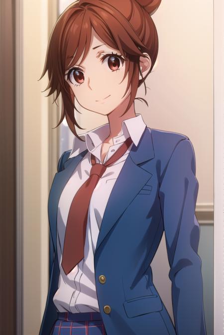 natsukienomoto, <lora:natsuki enomoto movie-lora-nochekaiser:1>,
natsuki enomoto, short hair, brown hair, (brown eyes:1.5), hair bun, single hair bun, (swept bangs:1.5), smile,
BREAK skirt, school uniform, jacket, pleated skirt, necktie, blazer, blue blazer, shirt, white shirt, collared shirt, red necktie, blue skirt,
BREAK indoors, classroom,
BREAK looking at viewer, (cowboy shot:1.5),
BREAK <lyco:GoodHands-beta2:1>, (masterpiece:1.2), best quality, high resolution, unity 8k wallpaper, (illustration:0.8), (beautiful detailed eyes:1.6), extremely detailed face, perfect lighting, extremely detailed CG, (perfect hands, perfect anatomy),