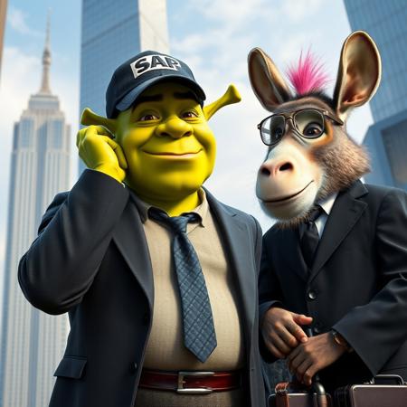 realistic businessman Mr. Shrek in SAP cap staying hear the tall building like Empire state building and straightens his tie looking forward in his other hand is a suitcase with a little Serbian red blue white flag on it, he is a realy cool guy. Next to him stands the second businessman Mr. Donkey with clear aviator glasses and pink under cut hairstyle, he is wearing a black suit and holding a vape in his hand next to them stands a cool little monkey in business suit also in glasses and has a beard