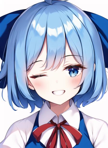 <lora:ke-ta-000030:1>, cirno, touhou, ke-ta, 1girl, ahoge, blue bow, blue eyes, blue hair, bow, collar, hair bow, neck ribbon, one eye closed, puffy short sleeves, puffy sleeves, red ribbon, ribbon, short hair, short sleeves, simple background, smile, solo, teeth, upper teeth only, white background, white collar