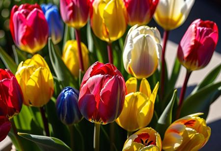 macro photo, close-up, masterpiece, 4k, ray tracing, intricate details, highly detailed, hyper realistic, 8k RAW editorial photo.
red, pink, yellow, blue, white tulips,lit by the sun, dramatic light, shallow depth of field,