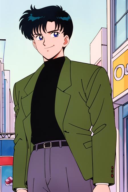 masterpiece,best quality,highres,<lora:Chiba Mamoru:0.7>,Chiba Mamoru,1boy,black hair,blue eyes,solo,retro artstyle,short hair,1990s \(style\),cowboy shot,black turtleneck sweater,green jacket,purple pants,smile,street,long sleeves,brown sash,