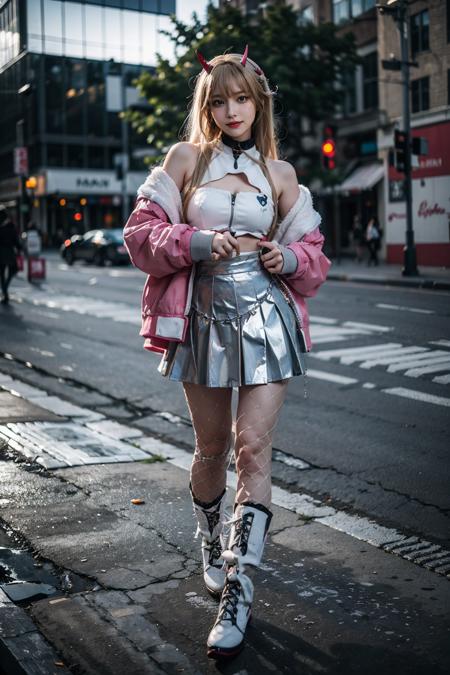 best quality, quality, masterpiece, photorealistic, 1girl, solo, full body, looking at viewer, standing, viper cosplay costume, cosplay, shiny skirt, jacket, white boots, hair ornament, fishnets pantyhose, clothing cutout, <lora:nikke_viper_cosplay_costume_v1:0.65>