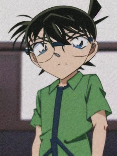 <conan>, male child, 1boy, solo, green shirt, male focus, blue eyes, glasses, shirt, collared shirt, looking at viewer, closed mouth, black-framed eyewear, child, black hair, short hair, bangs, blurry background, upper body