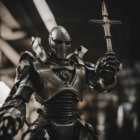 photo a close up of a robot holding a sword, 8k, cinematic, detail, grimdark