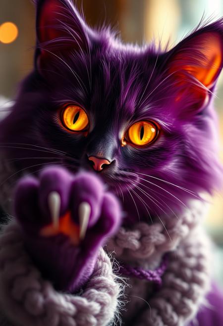 A luminous texture of a purple Cheshire hair stylized cat, glowing in the warm glow of its brightened eyes. With sliver paws reaching out to grasp and fur-lined clothing coverings a all caught gracefully within striking detail and beautiful details - reminiscent entirely oracular. <lora:FLUX_antiblur:0.5>, Film grain, cinematic film still, highly detailed, high budget, cinemascope, moody, epic, OverallDetail, gorgeous, 2000s vintage RAW photo, photorealistic, candid camera, color graded cinematic, eye catchlights, atmospheric lighting, imperfections, natural, shallow dof