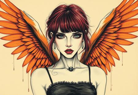 “A hauntingly beautiful fallen angel rendered in masterful ink technique on textured sepia paper, every stroke meticulously detailed with photorealistic precision. Her intense blue eyes pierce directly through the viewer, framed by soft burgundy hair with delicate bangs and smoldering dark eyeshadow. Deep crimson lips contrast against her ethereal features, while a modern crop-top adds an urban edge to her otherworldly presence. Magnificent orange-feathered wings spread behind her, each feather individually detailed with intricate ink work, while dramatic directional lighting casts compelling shadows across her form. The piece combines ethereal linework, gothic sensibilities, and detailed ink mastery, with ink splashes and drips adding organic texture to the composition while maintaining photorealistic precision in the central figure. Background is pastel green.”