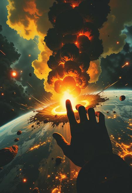 A dystopian, photorealistic digital composite with heavy film grain and surreal cinematic lighting: captured from a god's-eye view in orbit, the curved horizon of Earth is struck by a colossal asteroid impact. A massive, fiery explosion blossoms across the planet’s surface, glowing in violent reds and oranges, with debris and smoke trails piercing into space. A single human hand reaches upward from the bottom of the frame toward the impact zone — silhouetted, desperate, fingers splayed wide against the vivid planetary glow. The thin blue line of Earth's atmosphere clings faintly to the curve of the planet. A blinding white sun in the upper left creates harsh lens flares and overexposed streaks across the frame. The overall image has deep contrast, gritty film texture, subtle chromatic aberration, and surreal clarity — evoking the final, quiet seconds before annihilation. Wide-angle, ethereal and hyperreal, in the style of dark sci-fi dystopia, godpov, ethdysty.