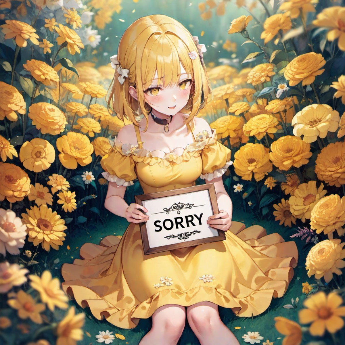 The girl in a yellow dress is sitting in the flowers holding the sorry sign,Holding a wooden plaque with sorry written on it,