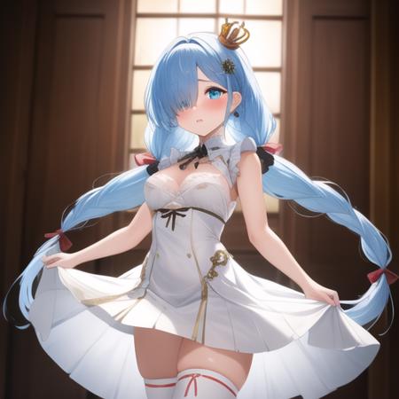 (masterpiece, best quality:1.2),illustration,8k,hd,1girl,solo,cowboy shot,janus (azur lane),blue eyes,blue flower,blue hair,blue rose,blush,braid,frilled dress,frills,hair ornament,hair over one eye,hair ribbon,light blue hair,long hair,medium breasts,mini crown,red ribbon,twin braids,white dress,white legwear,white ribbon,<lora:Janus(azur)>,