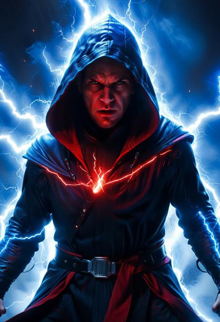 score_9, score_8_up, score_7_up, score_6_up, score_5_up, score_4_up, (absurdres, best quality, masterpiece:1.4), illustration, photorealistic, cinematic lighting, dynamic angle, perfect composition, hooded figure, force lightning, blue sparks, intense focus, dark side energy, dramatic lighting, red and blue contrast, power aura, menacing expression, Sith powers