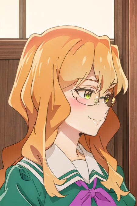 best quality, masterpiece, highres, solo, {chibana_sumika_watashinoyuriwaoshigotodesu:1.15}, long_hair, blonde_hair, glasses, green_eyes, smile, 1girl, closed_mouth, profile, blush, from_side, school_uniform, upper_body