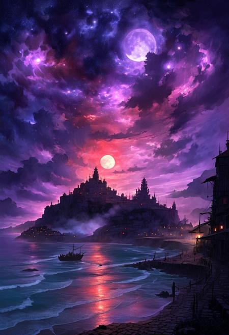 (by Ellen Jewett:1.5), (purple Bioluminescent Impressionism,  The Dreamland, core_9, panorama landscape, architecture, ships, wharf, sea, sunset, Italian village, Italy, enchanted fortress and fortified castle, above the clouds, mystical atmosphere, detailed stone and wood walls, magic mist swirls around, weibo, drawing, formal, retro 90's, red, black, science fiction, a dark sky lit by the glow of distant moons and neon lights. night, rockpunk, yoji shinkawa, James Jean, Ayami Kojima, village<lora:EnvyPanoramaXL01:0.5> PEAnimeBG, ethereal landscapes, depth of field, biotech emotion:1.3) <lora:xl_more_art-full_v1:0.5> <lora:add-detail-xl:1> <lora:RMSDXL_Creative:2>