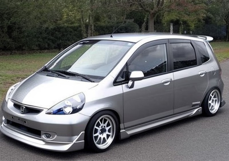 a silver honda, camber, lowered, watanabe wheels, rally car, hood scoop, front view