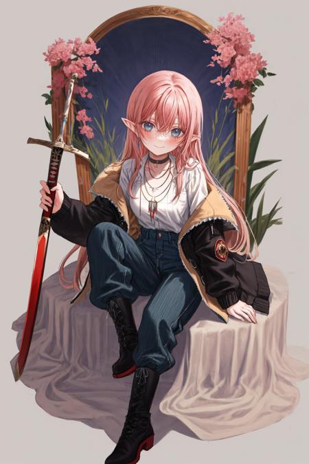 solo, 1girl, long hair, blue eyes, sitting, sword, weapon, looking at viewer, boots, smile, pointy ears, pants, choker, hair between eyes, black footwear, closed mouth, bangs, collarbone, coat, shirt, open clothes, long sleeves, white shirt, black choker, blush, very long hair, jacket, breasts, pink hair, black pants, necklace, jewelry 
///////////   <lora:goldcan-000227:1>, <lora:ç»ä¸½çåå½±:0.2>,<lora:add_detail:0.35>, <lora:adaptedmodel:0.35>