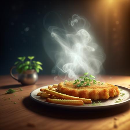 original flat Vienna schnitzel with curly breading, (fries on the side), (single slice) of lemon, highly stylized, 4k, unreal engine 5 render, food art, food photography, realistic render, smoke, mist, dramatic lighting, cinematic lighting, rule of thirds, depth of field, cinematic bloom, art by fodm4st3r  <lyco:fodm4st3r:0.6>