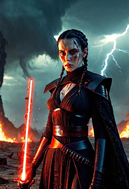 A beautiful Dark Sith lord with braided black hair stands defiantly amidst a raging storm on a desolate battlefield. Her Sith robe are intricately detailed and reflect the flickering light of distant fires, Star Wars style, The light of battle illuminates her determined expression as she prepares to face the dark enemy, holding the Red Lightsaber in his hand, Close up. Star Wars art style, Standing on a battlefield at the head of an army of Dark Siths, where a bloody slaughter is taking place, (standing in battle pose: 1.3), cinematic lightning, intricately detailed black and red Sith robe, The scene is reminiscent of a Greg Rutkowski concept art piece, realistic pale freckled face covered in blood, with dramatic lighting and a dark, curvy, looking at viewer, gritty atmosphere, Ultra-detailed, Raytracing reflections, High contrast, beautiful Dark Sith lord, beautiful firm body, girl athletic figure, (the pale face is very similar to Wednesday: 1.6), oranges, and greens, attractive 21 years old woman, cinematic lightning, Cinematic film still, Medium shot. Best quality, Masterpiece, The scene is reminiscent of a Greg Rutkowski concept art piece, realistic pale freckled face covered in blood, with dramatic lighting and a dark, gritty atmosphere, asymmetrical balance
