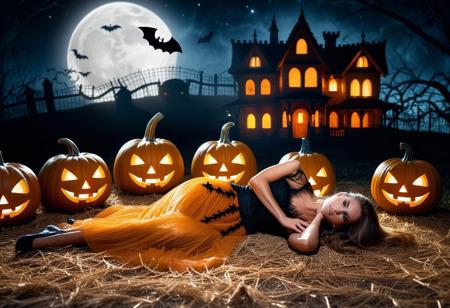 Pretty woman lying on a straw covered ground, surrounded by lots of illuminated halloween pumpkin. The woman dressed in a dress covered in cobwebs. Background with a haunted house and bats flying around the moon illuminating them.