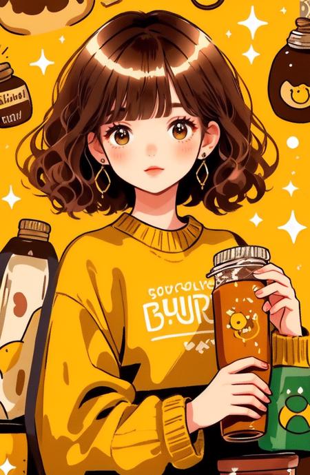 masterpiece, best quality
cute doodle, 1girl, solo, short hair, food, jewelry, earrings, long sleeves, black shirt, bangs, bottle, shirt, sweater, blush, brown hair, yellow background, english text, sparkle, cup
<lora:Cutedoodle_SD15-000008:0.65>