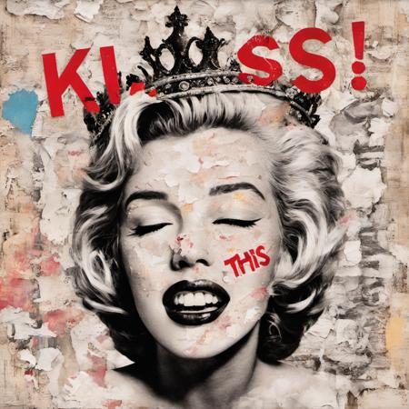 text says "kiss this", marilyn monroe, queen head, queen pose, crown, ripped, torn, popart, color pop highlights, news print, torn collage, iconic, iconoclastic, <lora:so77-XL:0.6>