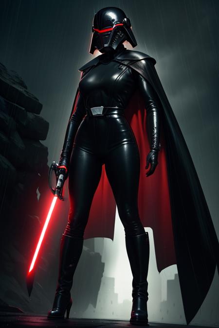 Trilla,standing,upper body,medium breasts,
TriArmor,cape,helmet with red visor,armor,black gloves,tight bodysuit,black footwear,black cape,black pants,
red lightsaber,holding weapon,
raining,metal platform,night,
(insanely detailed, beautiful detailed face, masterpiece, best quality),<lora:Trilla:0.7>,