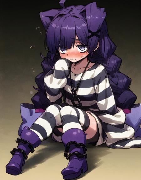 <lora:(criminal girls) alice:0.6>, masterpiece, best quality, 1girl, solo, ali, hair ornament, prison clothes, striped thighhighs, cuffs, chain, bow, rubber boots, (bags under eyes:1.1), oversized clothes, sleeves past wrists, pendant, cute, blush, embarrassed, sitting,  <lora:more_details:0.3>,