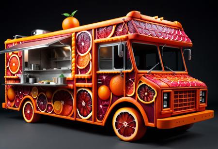 Food truck in blood orange style, detailed, high quality, vibrant colors