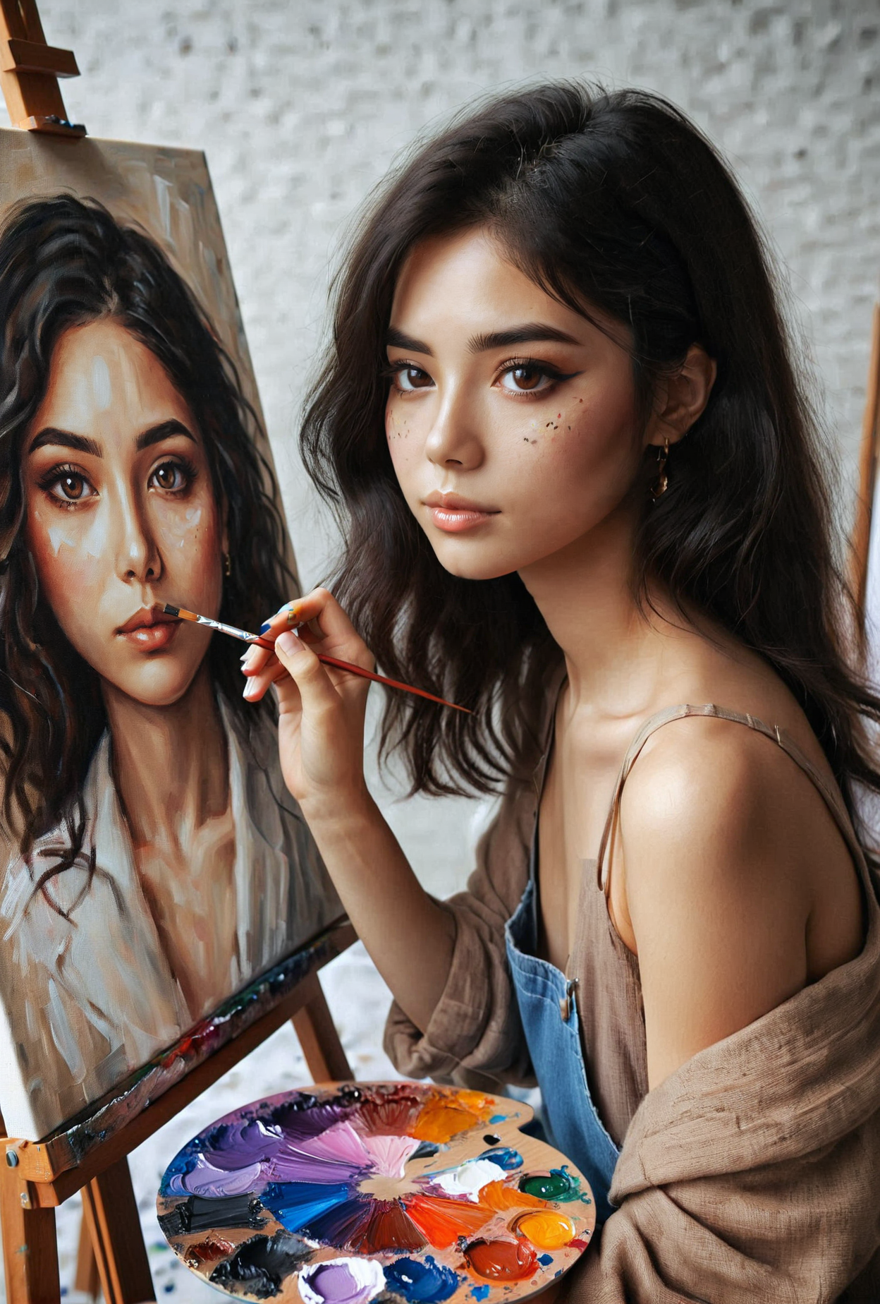 photo of a woman painting a self-portrait, painting, canvas, Korean, 1girl, brown eyes, black hair, <lora:paintingselfportrait:0.8>