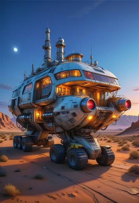 (cel-shading:2)+, (in ARTIST style:1.6), (masterpiece:1.7),  night, glow neon,
hyperrealism, glossy, shinny, clear image, accurate picture, clear picture, precise image, focused image, Science fiction style, Science fiction,
(huge Walking city), solo, outdoors, sky, cloud, desert, no human, vehicle focus, scenery, (Walking vehicle), buildings, (sharp focus:2), (best quality:1.8), night, glow neon,
(masterpiece:1.8), (highest detailed:1.8), perfectly lighted, (contrast), (saturated), (((sharp focus))),
(hyperdetailed:1.3), (intricate details:1.2), (Refined details:1.3), (best quality:1.5), highly detailed textures, vibrant colors,
(ultra sharp focus:1.8), (detailed texture:1.8), (detailed edges:1.8), (thin lines:1.8), (best quality:1.8),,