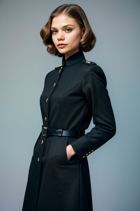 SashaKaigorodova, ((1940s photograph, upper body, portrait, wartime tailored suit or A-line dress, classic 1940s makeup, elegant backdrop, black and white film, Rolleiflex )), 80mm f/2.8, 1/30s, ISO 200, ((timeless elegance))