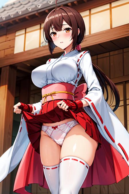 masterpiece, best quality, highres, aamusubi, long hair, brown hair, low ponytail, ahoge, japanese clothes, wide sleeves, fingerless gloves, ribbon trim, sash, pleated skirt, red skirt, white thighhighs, <lora:musubi_v1:0.7>, embarrassed, blush, (skirt lift:1.3), panties, standing, cowboy shot,