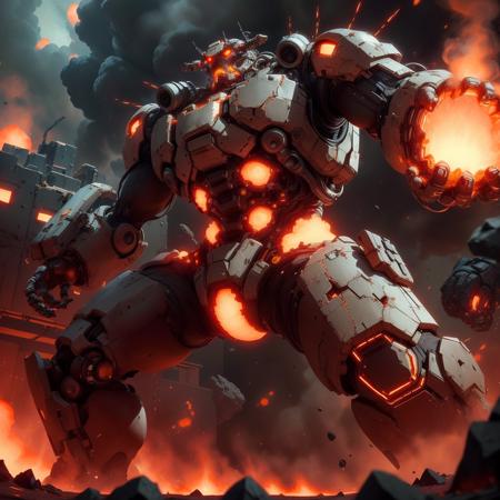 <lora:ExoMagmaTech-20:0.8>, exomagmatech , scifi,  lava skin , translucent  , 
colossal battle mech, , destruction, from below,