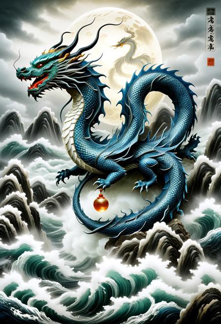 Score_9, score_8_up, score_7_up, hyperrealistic photograph, absurd res, highly detailed, a dragon made of Sapphire & Jade enormous  chinese style dragon, soaring over roiling seas, foamy seas, stormy skies, lightning striking in the background, one claw is holding a large glowing orb