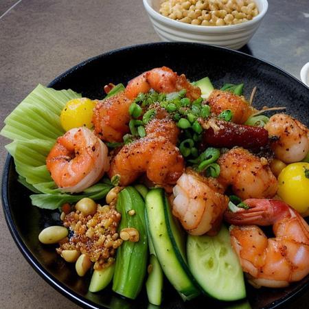 A vibrant plate of rojak, a mix of fresh fruits and vegetables like pineapple, cucumber, and turnip, tossed in a dark, sweet shrimp paste and topped with crushed peanuts. The scene includes the iconic rojak hawker cart with a cheerful vendor.
