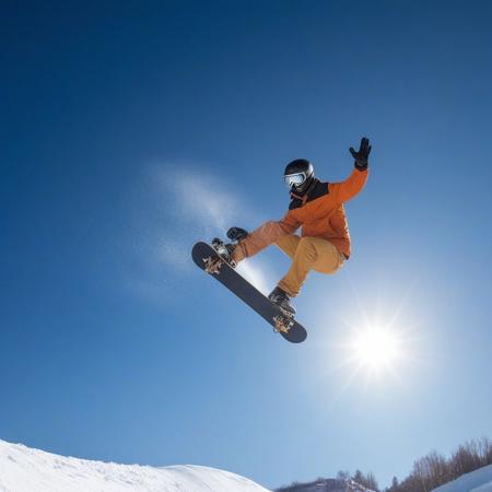 man doing a snowboard stunt, background a sunny blue sky